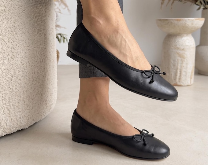 Black Womens Ballet Flats, Classic Round Toe Bow Ballerina Shoes, Vegan Leather Everyday Flats, Slip On Casual Dress Shoes, Cute Loafers