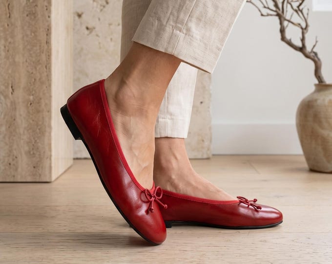 Red Womens Ballet Flats, Classic Round Toe Bow Ballerina Shoes, Vegan Leather Everyday Flats, Slip On Casual Dress Shoes, Cute Loafers