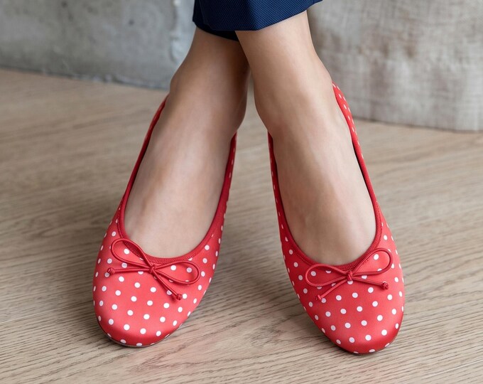 Red Polka Dot Satin Ballet Flats with Bow, Handmade Vintage Style Shoes