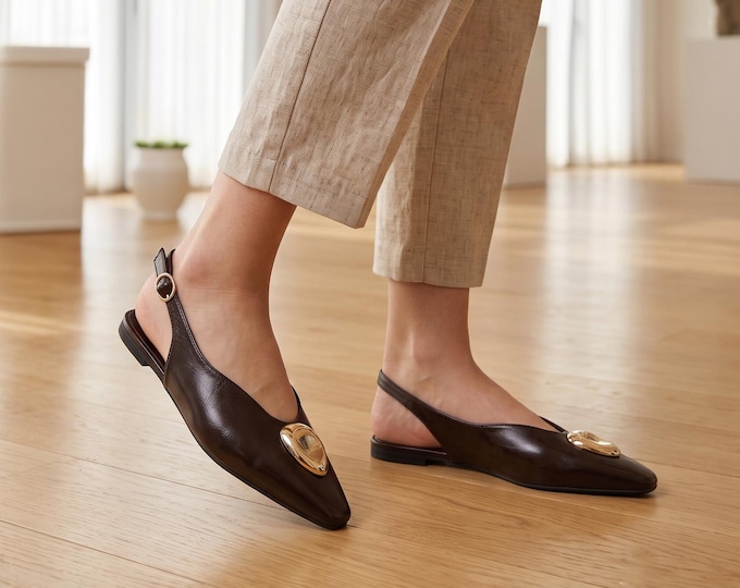 Brown Pointed Toe Slingback Flats, 2cm Low Heel Shoes with Gold Accent, Comfortable Work Dress Shoes, Elegant Pointed Flats, Gift for Her