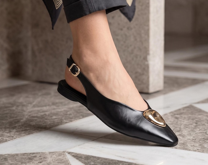 Black Pointed Toe Slingback Flats with Gold Accent, Faux Leather Work Shoes