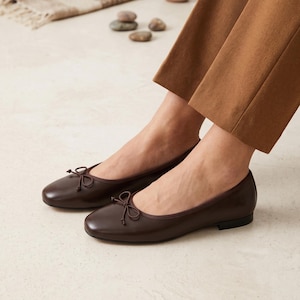 Brown Womens Ballet Flats, Classic Round Toe Bow Ballerina Shoes, Vegan Leather Everyday Flats, Slip On Casual Dress Shoes, Cute Loafers