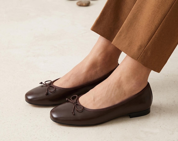 Brown Womens Ballet Flats, Classic Round Toe Bow Ballerina Shoes, Vegan Leather Everyday Flats, Slip On Casual Dress Shoes, Cute Loafers