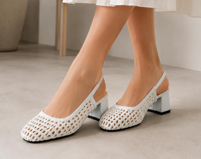 White Woven Slingback Heels, Chunky Block Heel Shoes, Adjustable Ankle Strap Pumps, Comfortable Women Heels