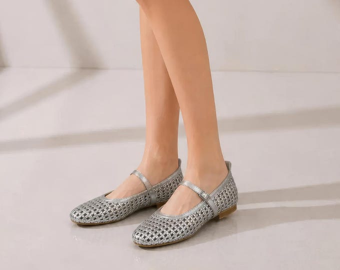 Woven Mary Jane Flats in Silver with an Adjustable Buckle Strap