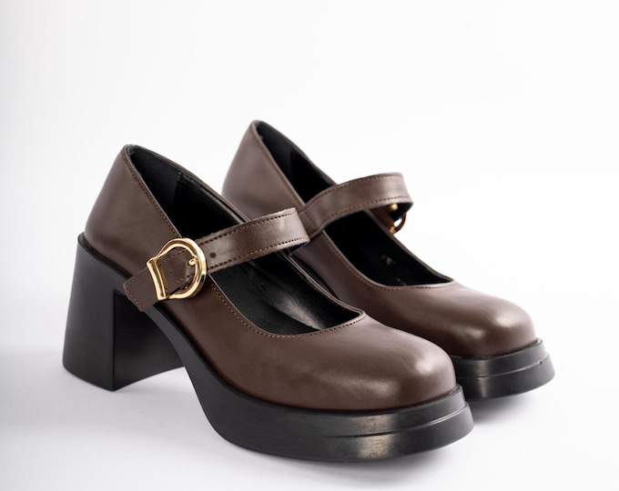 Handmade Brown Vegan Mary Jane Shoes: Chunky Heel, Adjustable Buckle