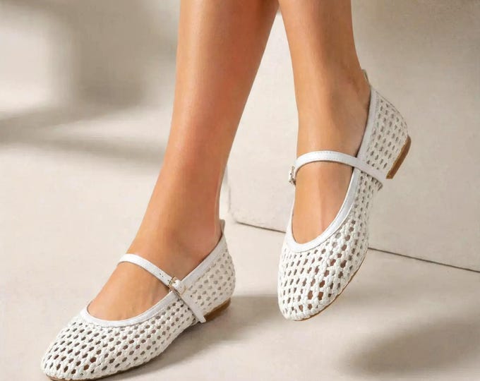 Woven Mary Jane Flats in White with an Adjustable Buckle Strap
