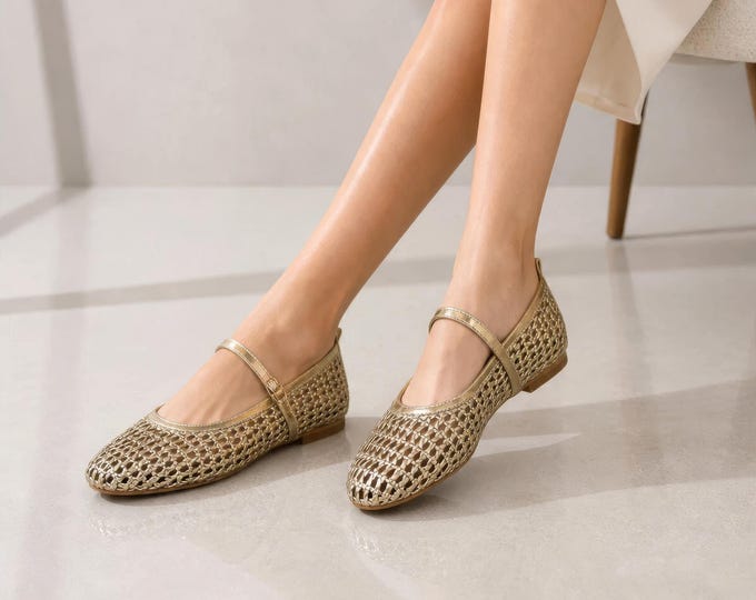 Woven Mary Jane Flats in Gold with an Adjustable Buckle Strap