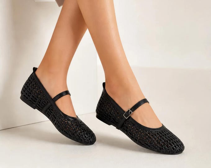 Woven Mary Jane Flats in Black with an Adjustable Buckle Strap