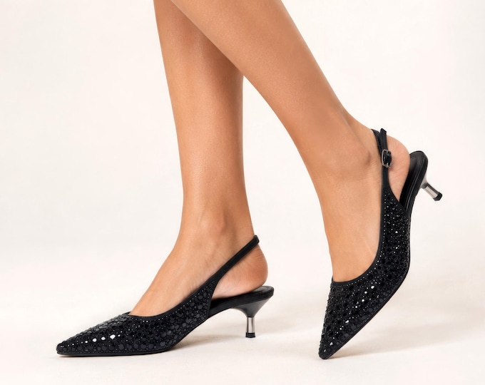 Black Pearl Bridal Slingback Heels, Pointed Toe 5cm Wedding Shoes with Buckle Strap