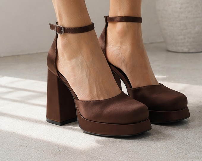 Brown Satin Block Heel Pumps, Platform Bridal Shoes, Comfortable Wedding Heels with Ankle Strap, Closed Toe Engagement Party Shoes