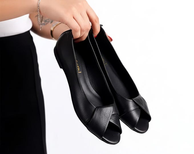 Leather Peep Toe Flats, Black Handmade Pointed Toe Shoes, Low Block Heel