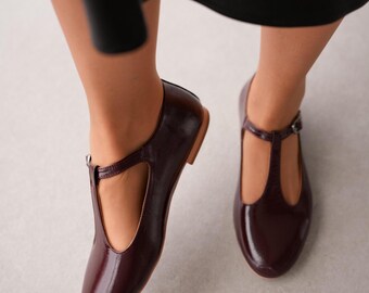 Chic Women's Genuine Leather Babet Flats | Burgundy Patent Ankle-Lace Shoes with Front Belt Detail | Comfortable & Versatile for Daily Wear