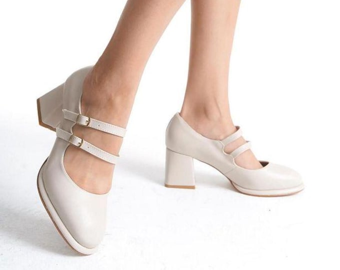 Beige Stylish Double‑Strap Medium Block Heels · Soft Faux‑Leather Evening Pumps