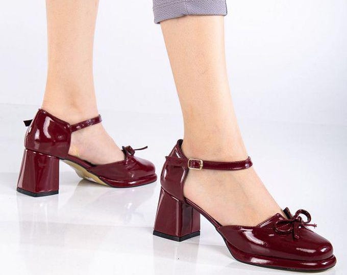 Burgundy Patent Leather Heels: Square Toe Block Heel Ankle Strap