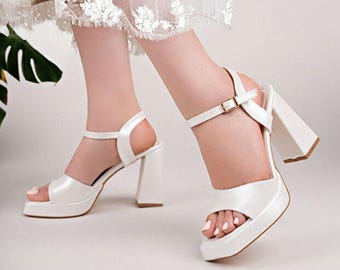 Women Square Toe Platform Block High Heel Bridal Wedding Shoes White Comfortable Bride Heels