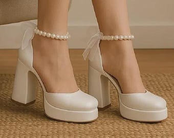 Women Pearl Ankle Strap Bridal Wedding Shoes High Heels Elegant White Bride Heels