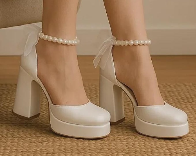 Women Pearl Ankle Strap Bridal Wedding Shoes High Heels Elegant White Bride Heels