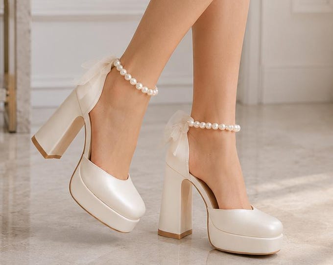 Women Pearl Ankle Strap Bridal Wedding Shoes High Heels Elegant White Bride Heels