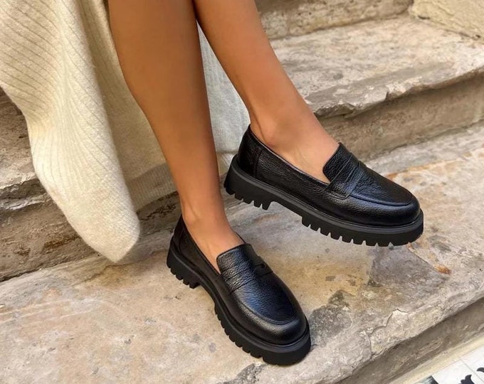 Handmade Black Leather Penny Loafers: Classic Women's Shoes