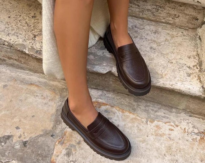 Handmade Brown Leather Penny Loafer: Classic Women's Flat Shoes
