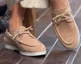 Classic Beige Women Suede Loafers , Everyday Suede Loafers, Cushioned Suede Boat Shoes, Bohemian Suede Shoes, Vintage-Inspired Suede Loafers