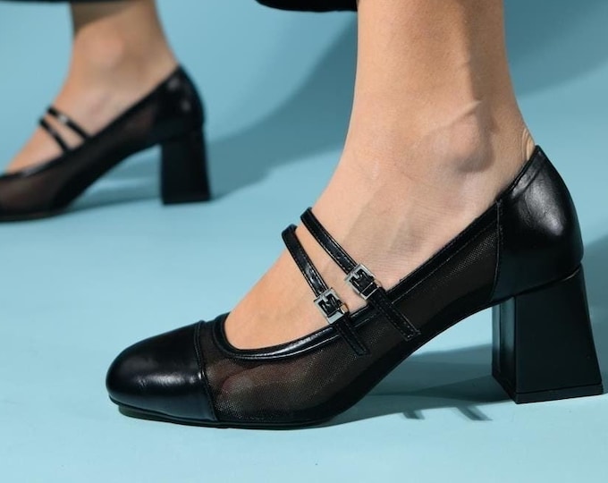Handmade Black Mary Jane Shoes: Buckled Block Heel Dress Shoes