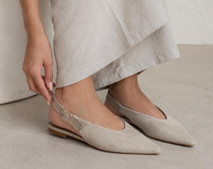 Beige Pointed Toe Slingback Flats with Buckle Detail, Chic Pointed Toe Ballet Flats, True to Size Dress Shoes