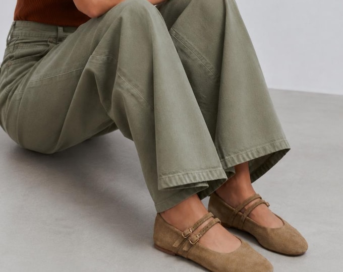 Beige Double Strap Mary Jane Flats, Genuine Suede Leather Shoes, Low Heel Ballet Flats, Vintage Retro Women Pumps,