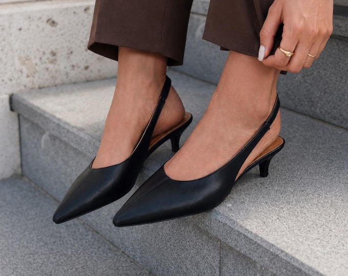 Black Leather Slingback Kitten Heels, Pointed Toe, 4cm Heel, Handcrafted Dress Shoes