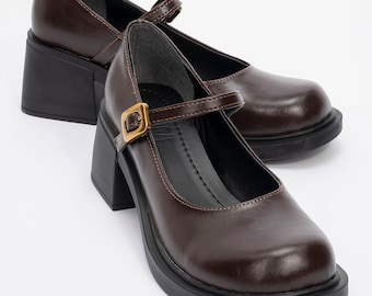 Chunky Heel Mary Jane Shoes for Women - Comfort Ankle Strap with Rubber Detail & Poly Base - Vintage Style Casual Footwear
