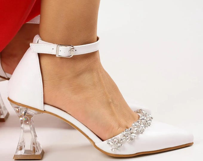 Handmade Rhinestone Bridal Heels: White Ankle-Strap Clear Block Heel