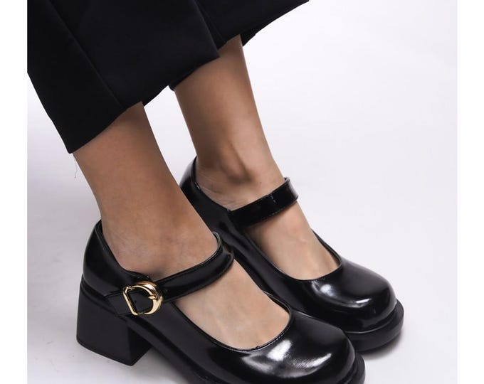 Black Suede leather Mary Jane Shoes, Chunky Platform Heel