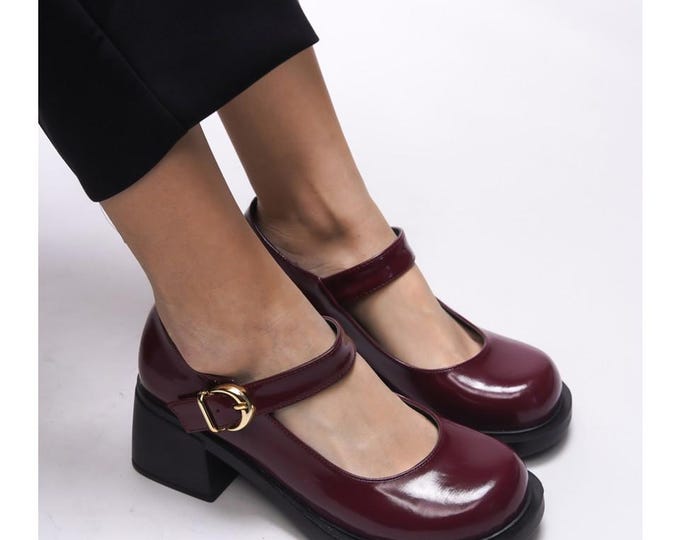 Burgundy Patent Leather Mary Jane Shoes, Chunky Platform Heel