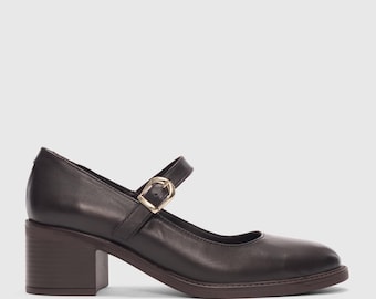 Leather Mary Jane Heels: Brown Buckle Shoes, Classic Office Style