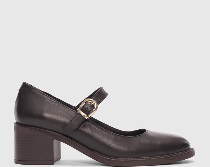 Leather Mary Jane Heels: Brown Buckle Shoes, Classic Office Style