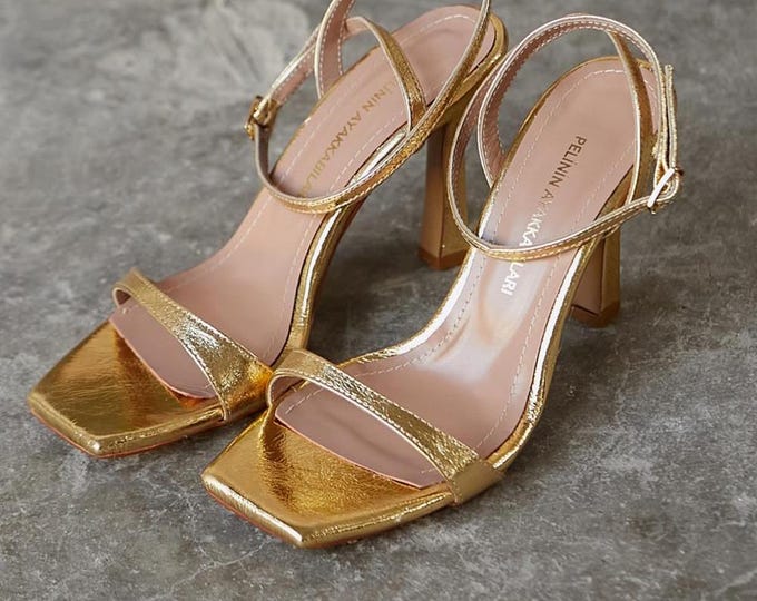 Gold Elegant Genuine Leather Wedding Sandals: Square Toe Bridal Heels