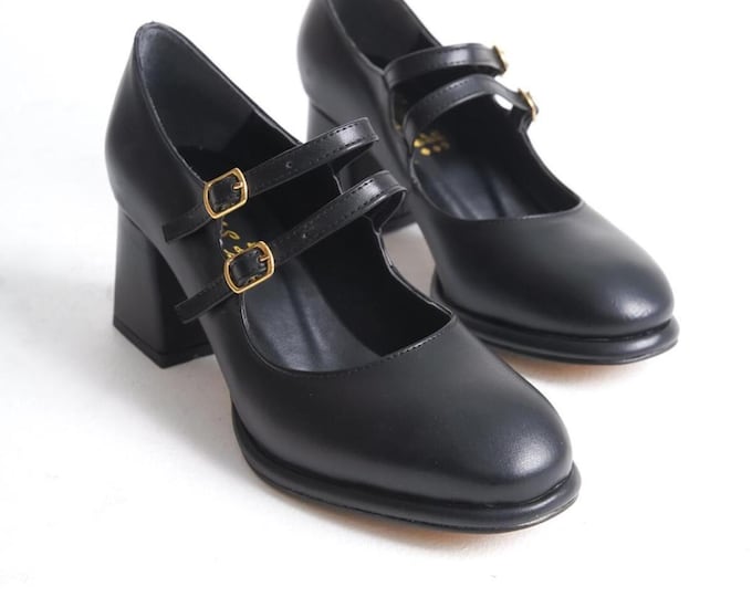 Black Stylish Double‑Strap Medium Block Heels · Soft Faux‑Leather Evening Pumps