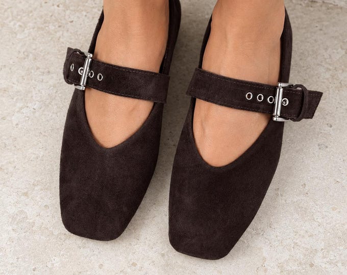 Brown Suede Mary Jane Flats with Wide Strap, Handmade Low Block Heel