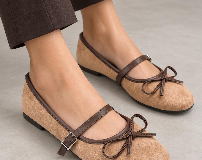 Mary Jane Flats in Mink, Suede-Look with Bow Detail and Buckle Strap