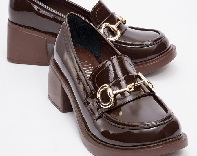 Handcrafted Buckle Loafer: Brown Vegan Leather Heel