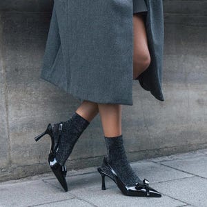 Elegant Patent Leather Bow Ankle Tie Stilettos - Women’s Thin Heel Bridal & Party Shoes, Banded Fastening, Black Patent Leather Heels