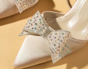Beige satin bridal heels, ankle strap heels, Women's wedding heels, Stone Bow Satin Bridal Heels, Elegant Buckle Closure