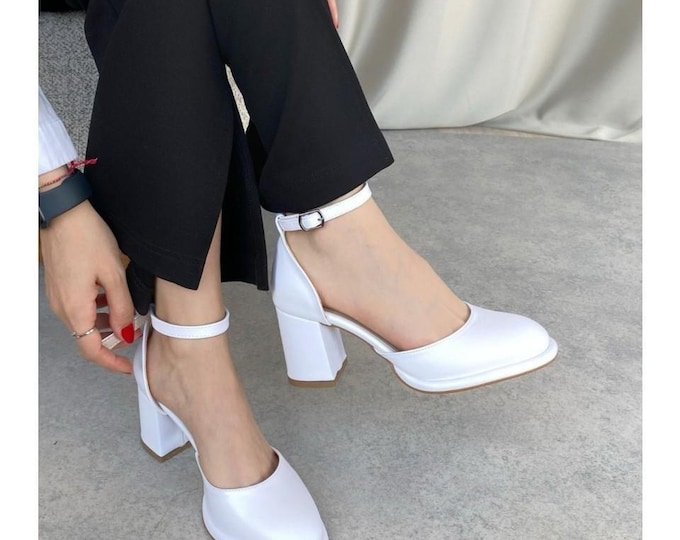 White Mary Jane Block Heel Pumps | Vegan Leather Ankle Strap Shoes
