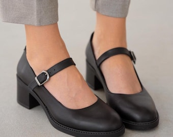 Leather Mary Jane Heels: Black Buckle Shoes, Classic Office Style