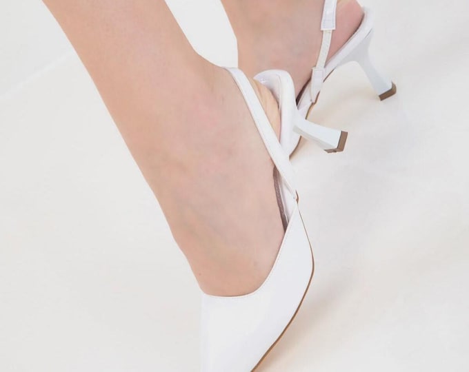 White Patent Leather Slingback Heels, Pointed Toe Stiletto, Elegant Bridal Shoes