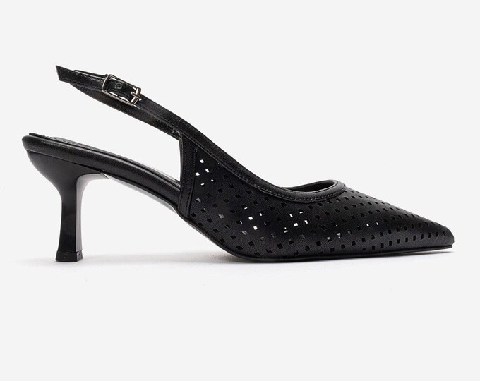 Black Laser Cut Geometric Heels, Pointed Toe Women Pumps, Stilettos, Elegant Wedding Shoes, Comfortable High Heels for Prom
