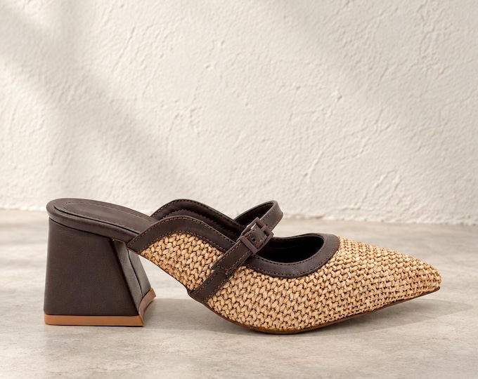 Mary Jane Mules in Brown, Woven Detail and 7 cm Block Heels