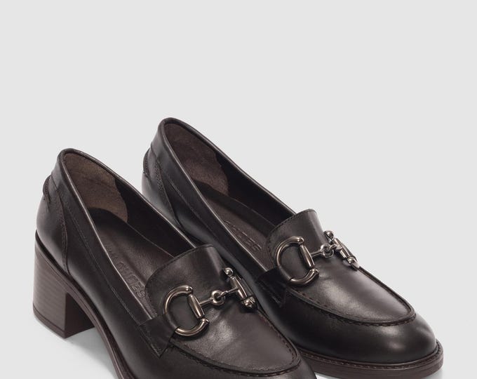 Leather Heeled Loafers • Silver Horsebit Detail, Block Heel Pumps