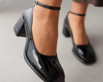 Handmade Patent Leather Ankle Strap Shoes: Chic Low Heel